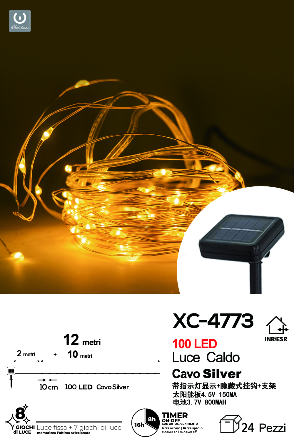 XC-4773 Catena luminosa pannello solare 100 MicroLED LUCE CALDA con 8 giochi luce e funzione timer on-off - immagine 1