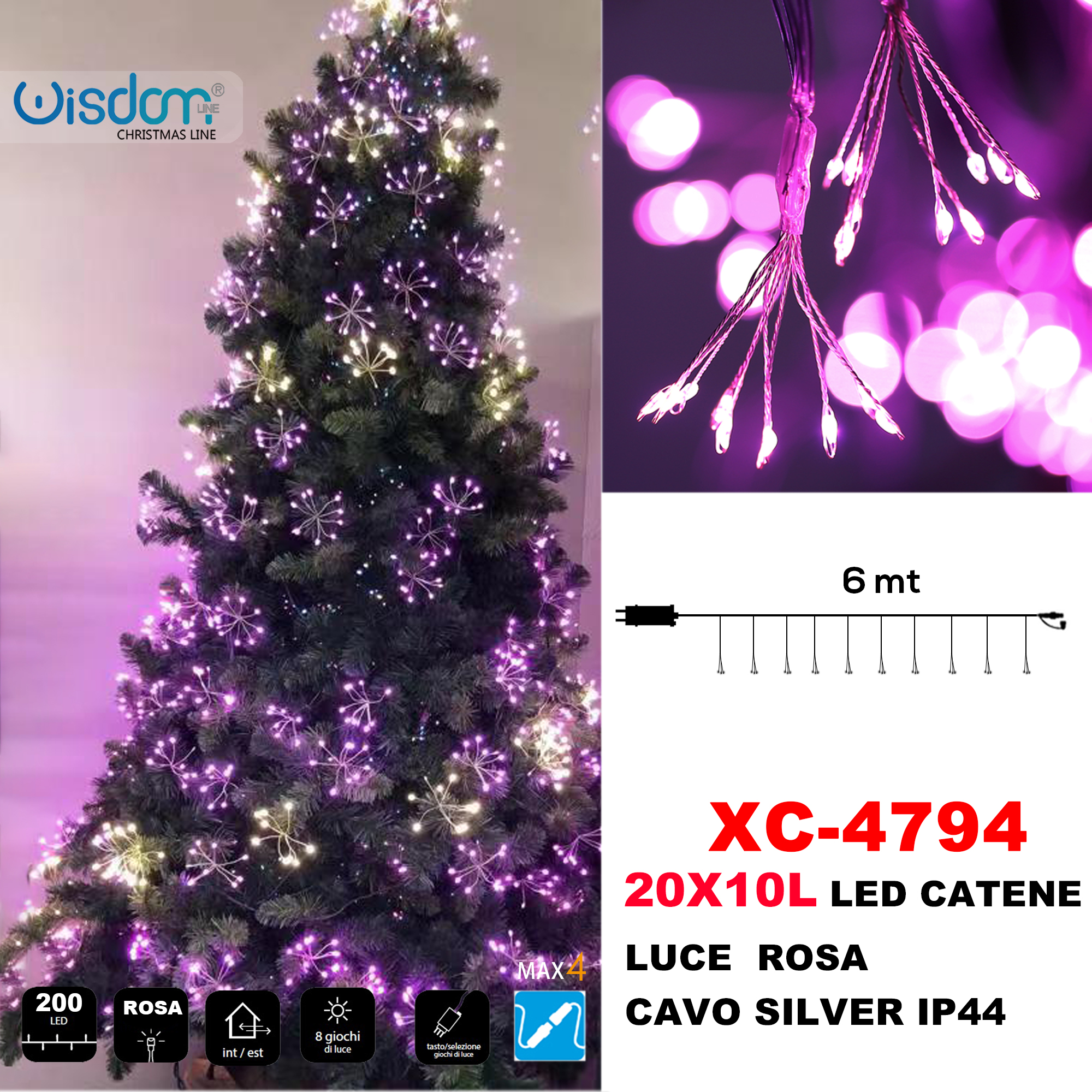 XC-4794 Catena luminosa da 6 metri 200 Micro LED luce rosa con 8 giochi luce per uso interno/esterno - immagine 1