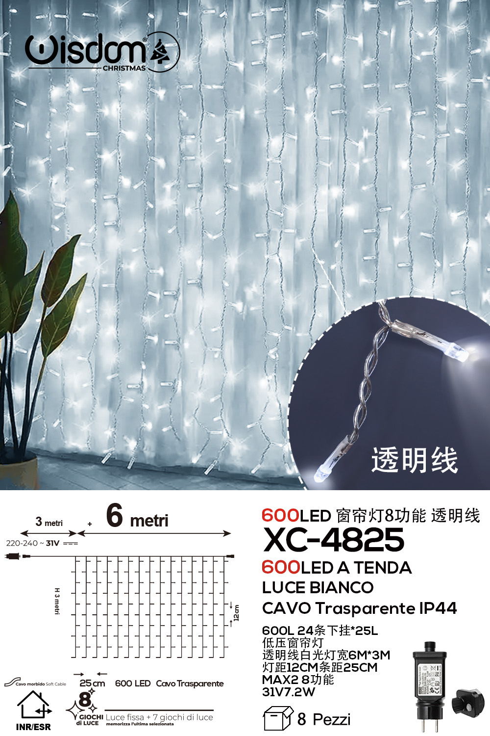 XC-4825 Tenda luminosa da 6 metri con 600 LED REFLEX luce fredda 8 giochi luce alimentazione a corrente per uso interno/esterno - immagine 1