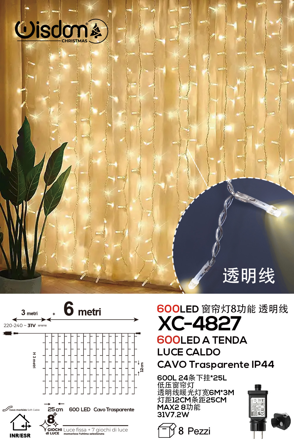 XC-4827 Tenda luminosa da 6 metri con 600 LED REFLEX luce calda 8 giochi luce alimentazione a corrente per uso interno/esterno - immagine 1