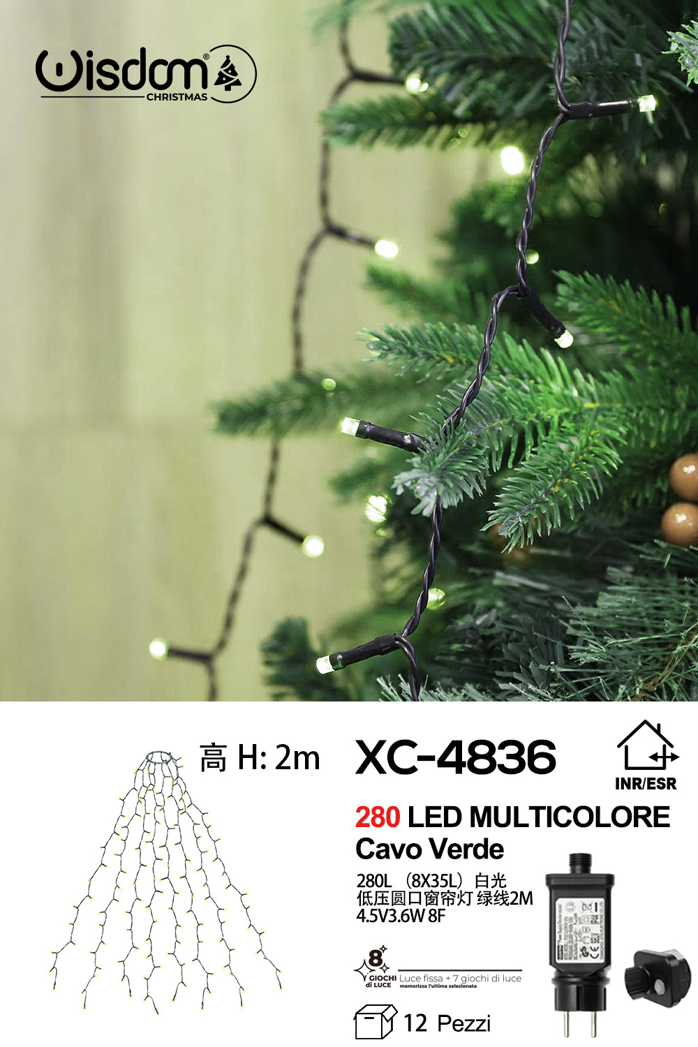 XC-4836 Tenda luminosa natalizia 280 LED luce multicolor grado di protezione IP44 adatto per uso interno/esterno 8 giochi luce - immagine 1