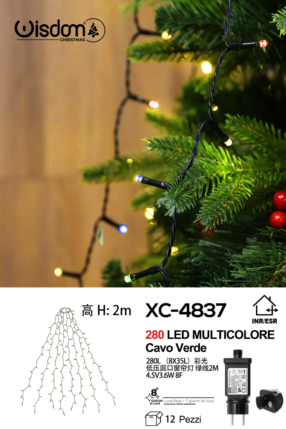 XC-4837 Tenda luminosa natalizia 280 LED luce multicolor grado di protezione IP44 adatta per uso interno/esterno 8 giochi luce - immagine 1