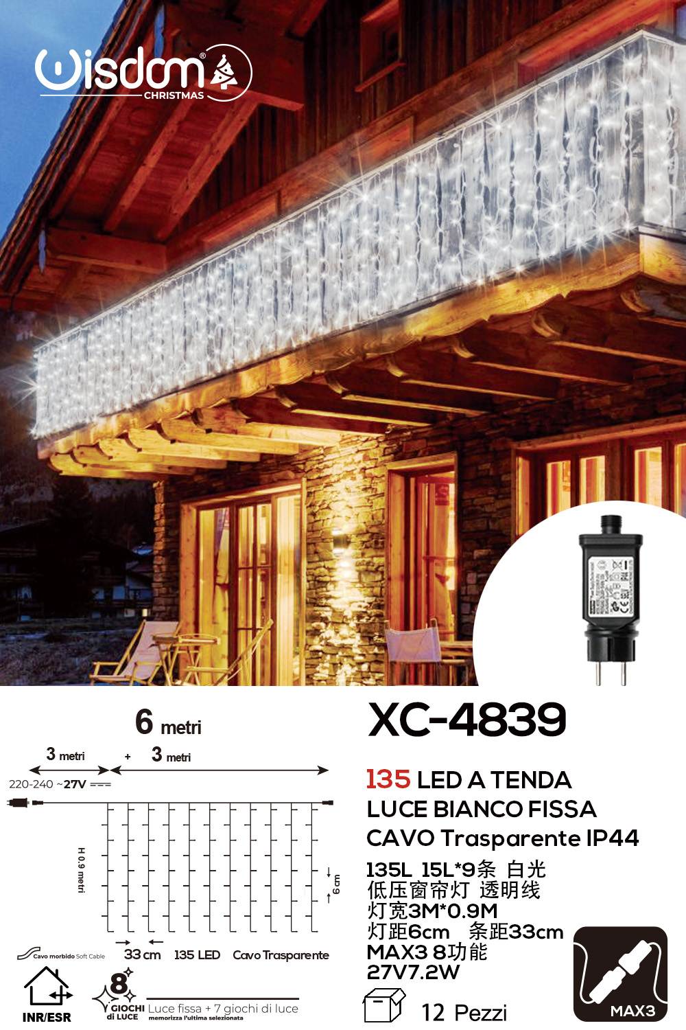 XC-4839 Tenda luminosa da 3 metri con 135 LED REFLEX luce fredda 8 giochi luce alimentazione a corrente per uso interno/esterno - immagine 1