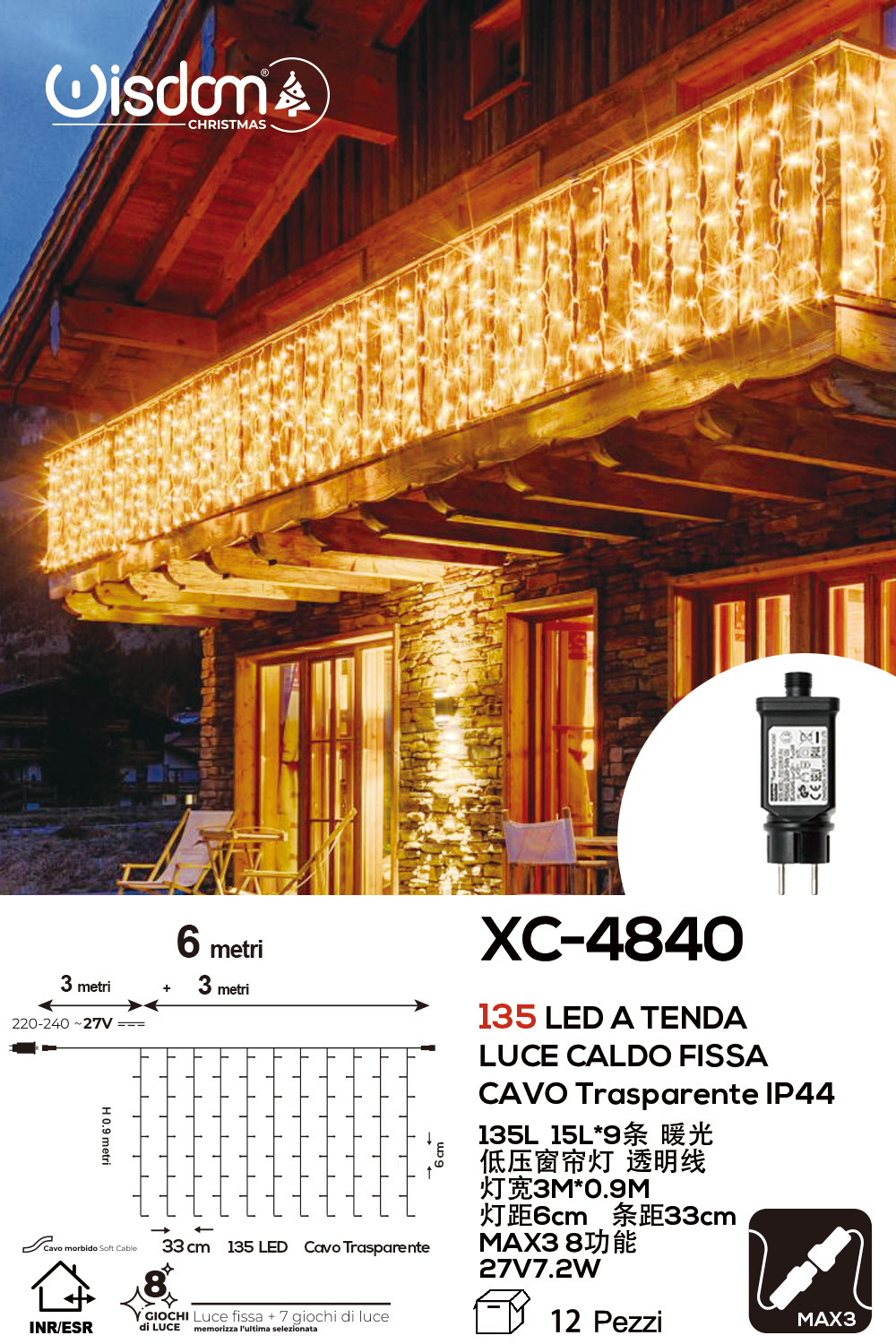 XC-4840 Tenda luminosa da 3 metri con 135 LED REFLEX luce calda fissa 8 giochi luce alimentazione a corrente per uso interno/esterno - immagine 1
