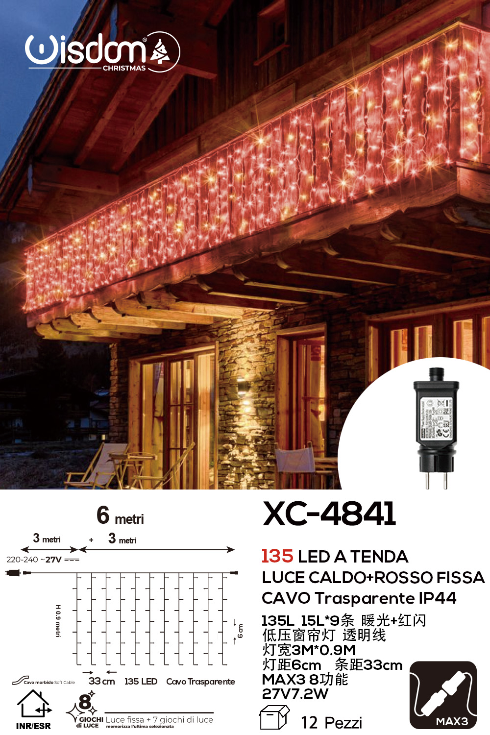 XC-4841 Tenda luminosa da 3 metri con 135 LED REFLEX luce calda+rossa fissa 8 giochi luce alimentazione a corrente per uso interno/esterno - immagine 1