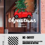 Adesivi natalizi con macchina rossa e scritta christmas colore bianco in pvc per finestre e decorazioni dimensioni 60x50cm