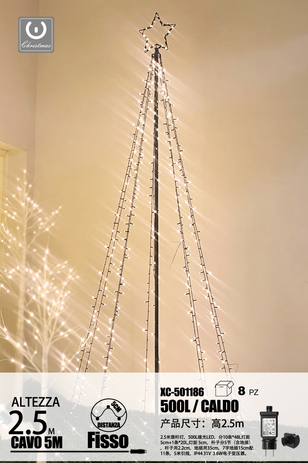 XC-501186 Albero luminoso di natale da 500 LED luce calda altezza 2,5 metri indicato per uso interno/esterno IP44 - immagine 1