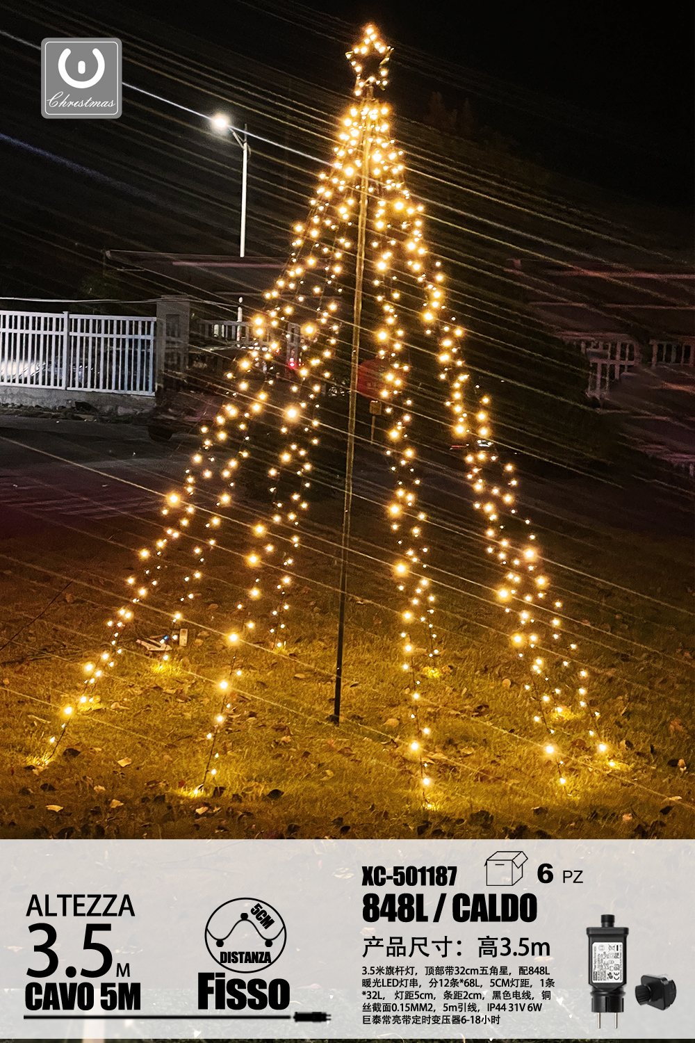 XC-501187 Albero luminoso di natale da 848 LED luce calda fissa altezza 3,5 metri indicato per uso interno/esterno - immagine 1