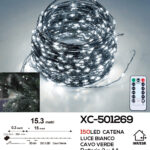 Catena luminosa con telecomando da 150 microLED luce bianca 15,3 metri alimentazione a pile ip44 per uso interno esterno con 8 giochi luce
