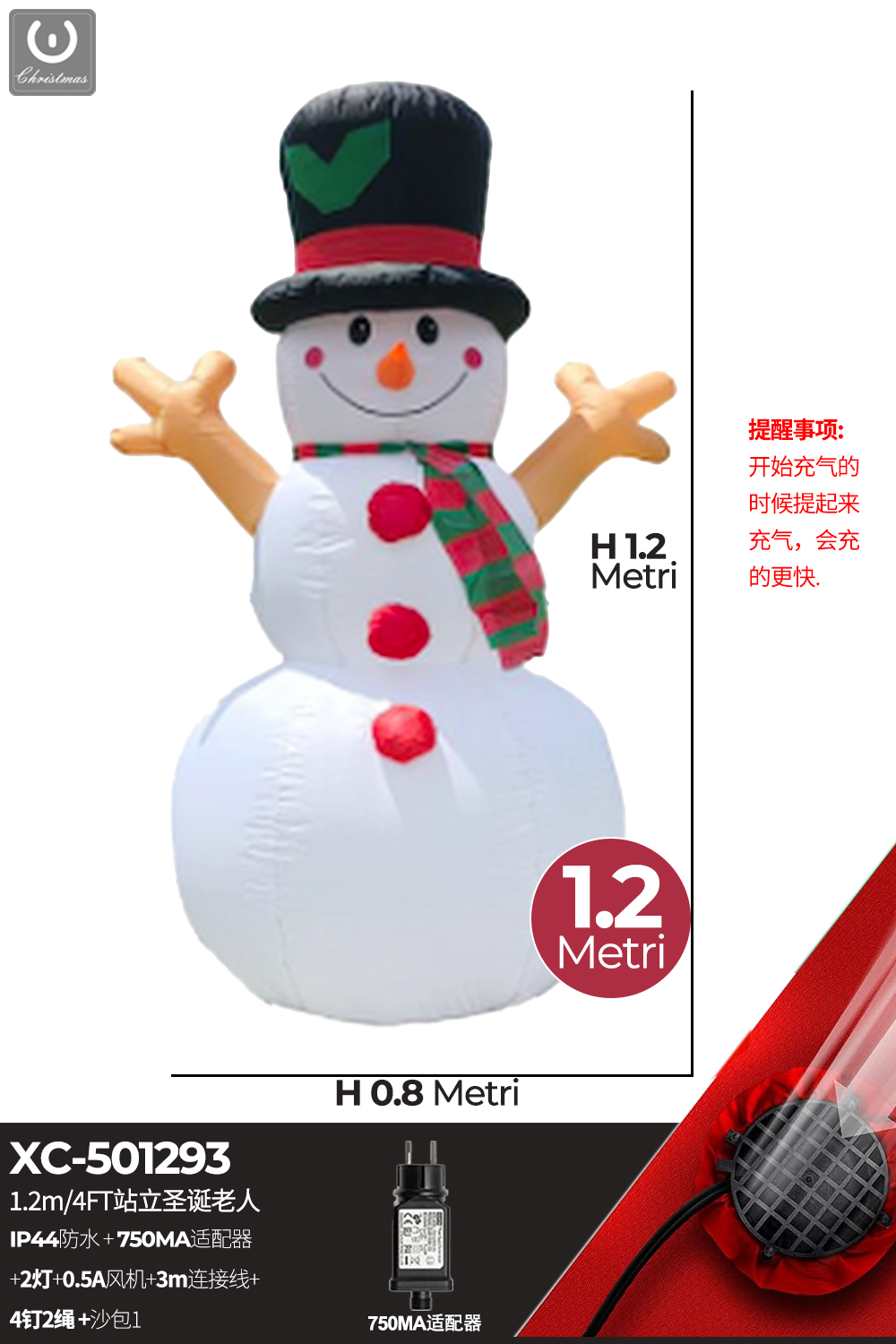 XC-501293 Gonfiabile Natalizio a forma Pupazzo di neve cappello e sciarpa con luci altezza 1,2 metri IP44 adatto per uso esterno - immagine 1