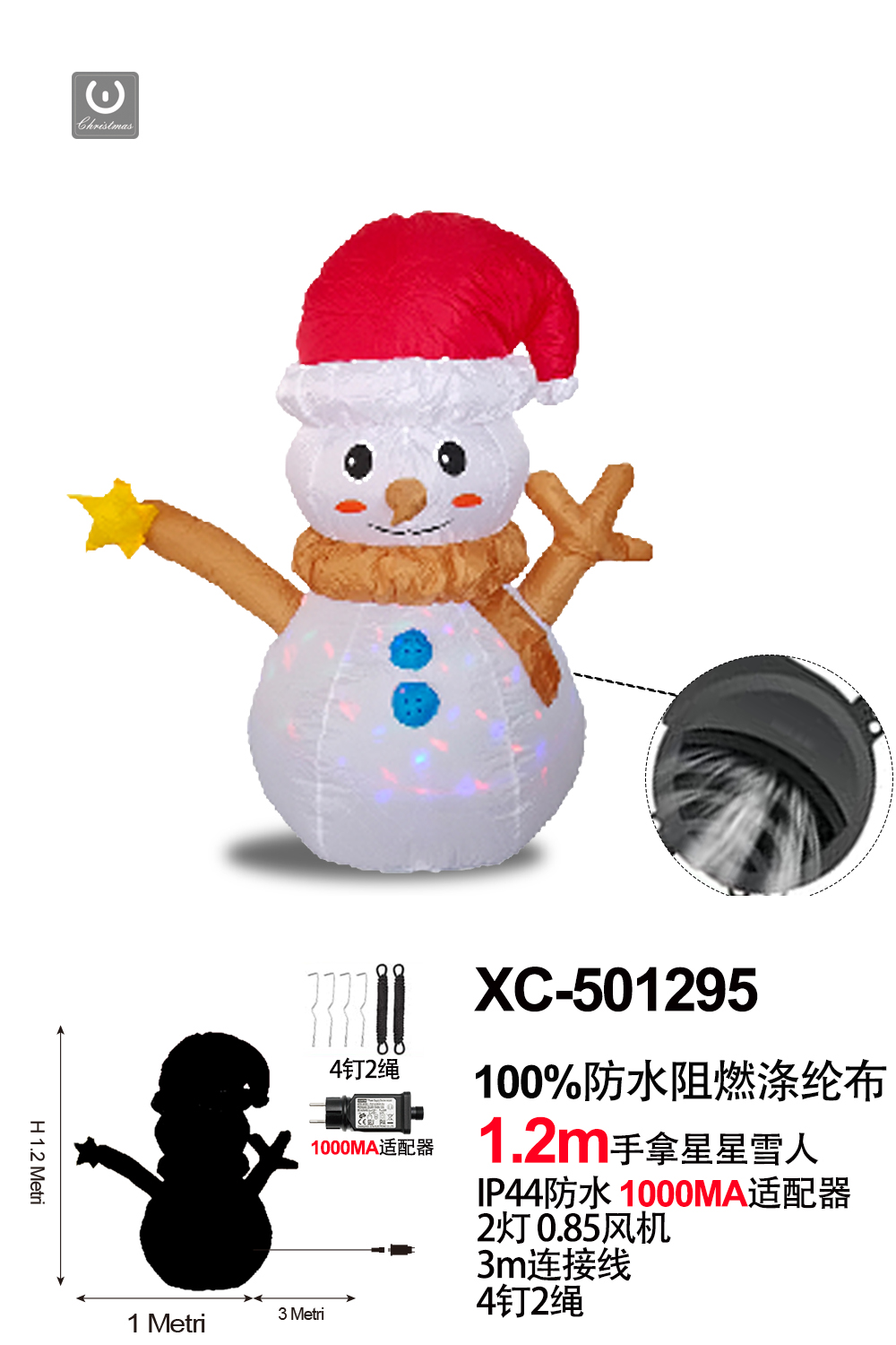 XC-501295 Gonfiabile Natalizio a forma Pupazzo di neve con luci altezza 1,2 metri IP44 adatto per uso esterno - immagine 1