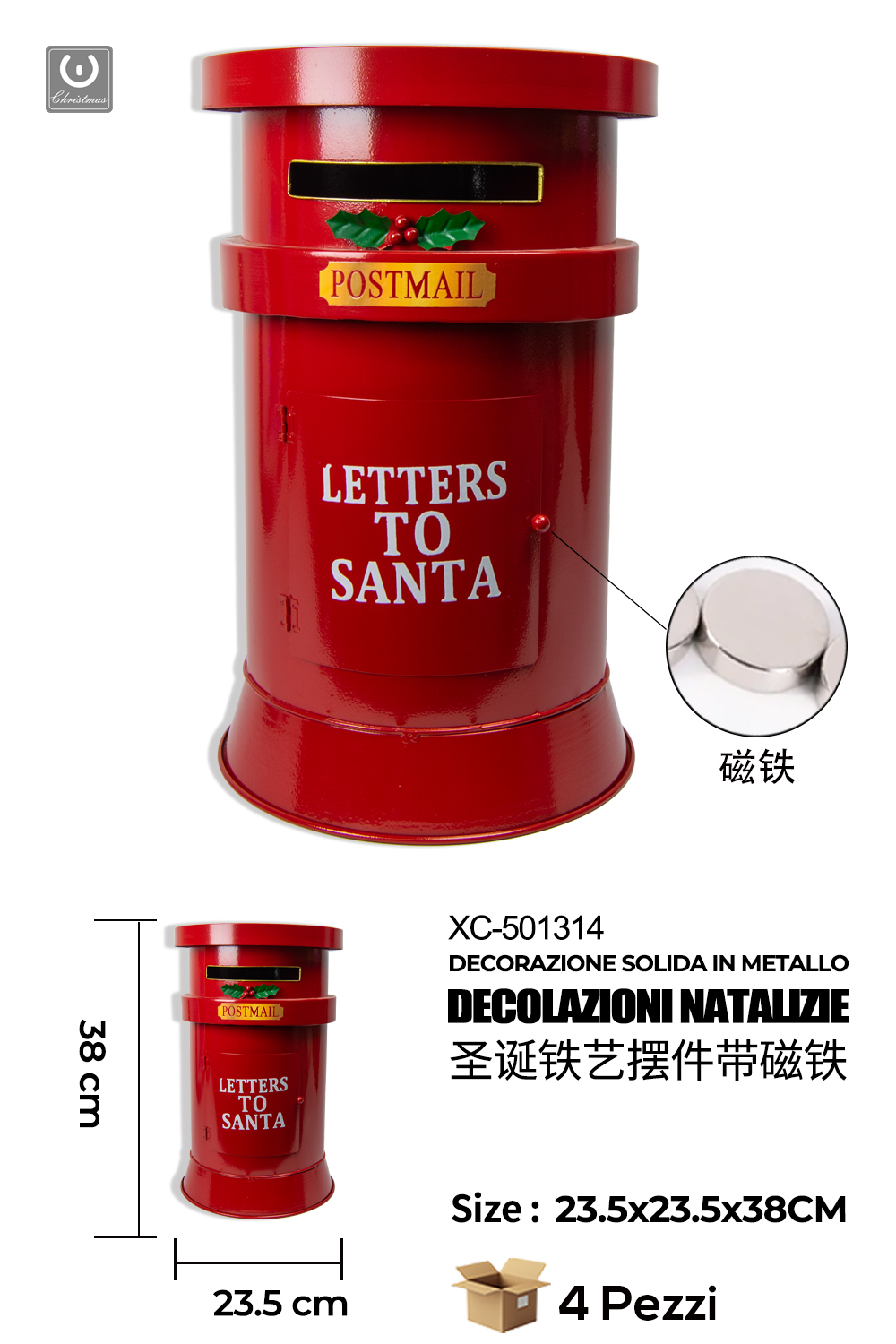 XC-501314 Cassetta lettere postale rossa decorativa Natalizia in metallo dimensioni 23,5x23,5x38cm - immagine 1