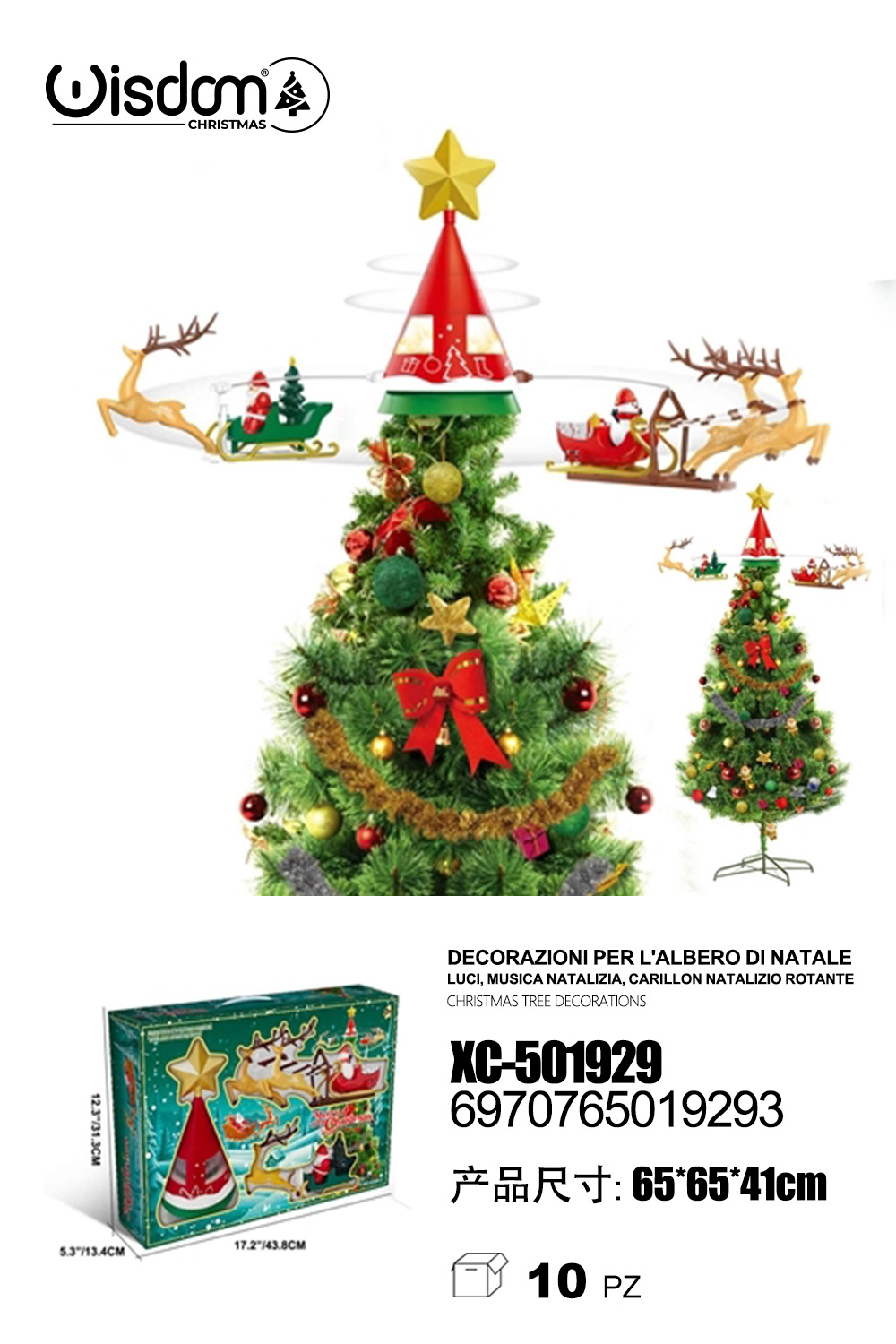 XC-501929 Puntale rotante Babbo natale e renne per albero di Natale con luci e musica - immagine 1