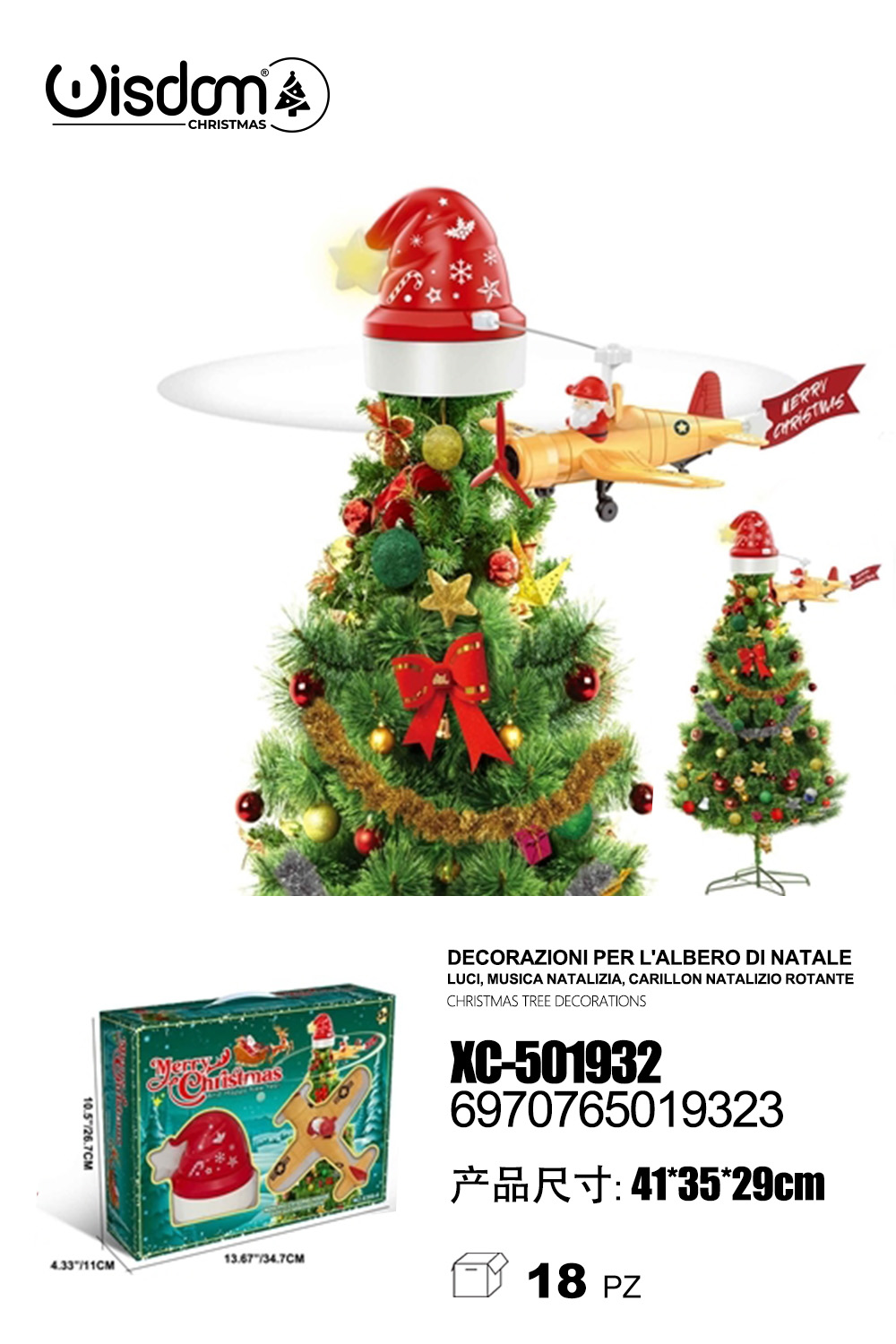 XC-501932 Puntale rotante Babbo natale con aeroplano per albero di Natale con luci e musica - immagine 1