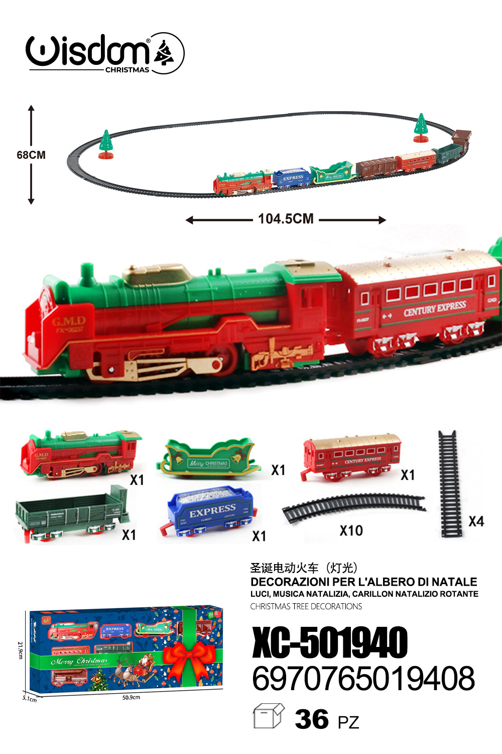 XC-501940 Trenino Natalizio rosso century express con luci e musica da appendere sopra l'albero - immagine 1