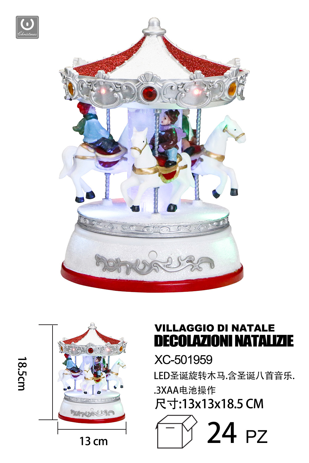 XC-501959 Giostra Natalizia in resina con luci LED 8 musiche Natalizie (18,5cmH) alimentazione a batterie - immagine 1