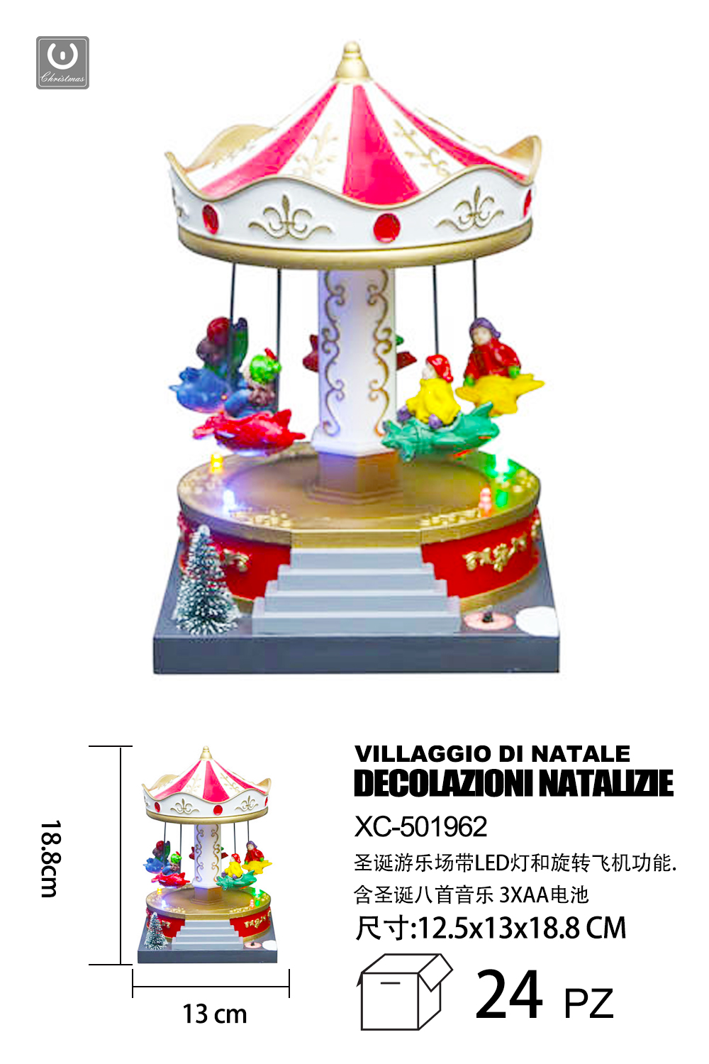 XC-501962 Giostra Natalizia in resina con luci LED 8 musiche Natalizie (18,8cmH) alimentazione a batterie - immagine 1