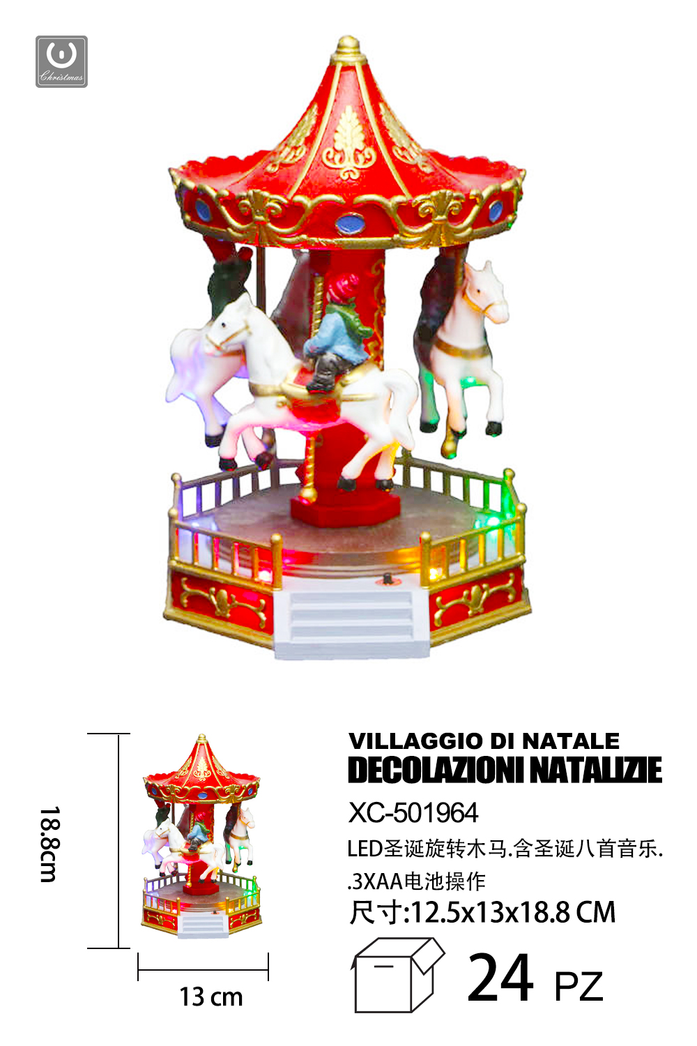 XC-501964 Giostra Natalizia cavallucci in resina con luci LED 8 musiche Natalizie (18,8cmH) alimentazione a batterie - immagine 1