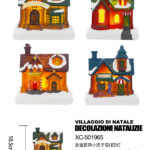 Set 4 piccole case Natalizie in resina con luci LED (10,5cmH)
