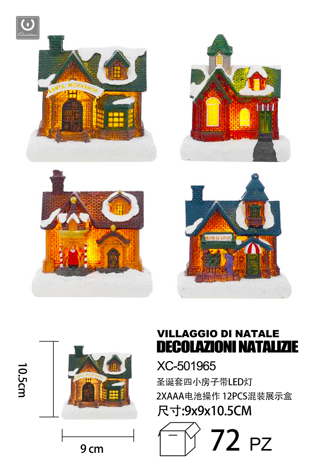 XC-501965 Set 4 piccole case Natalizie in resina con luci LED (10,5cmH) - immagine 1