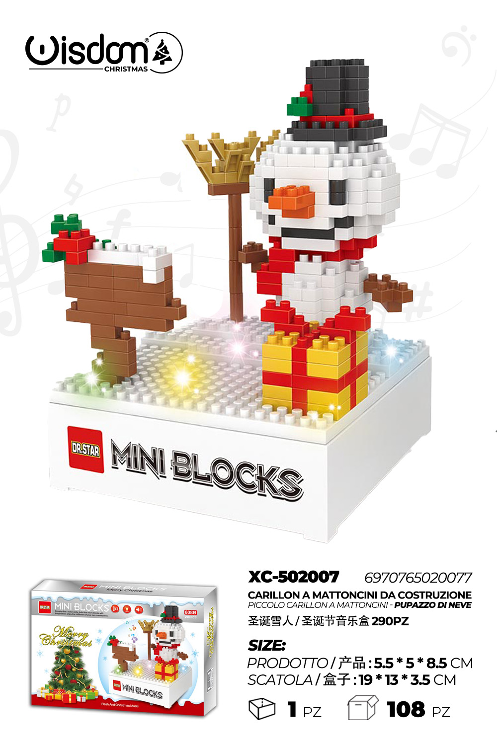 XC-502007 Carillon Natalizio a mattoncini da costruzione Lego forma Pupazzo di neve con luci 290 pezzi - immagine 1