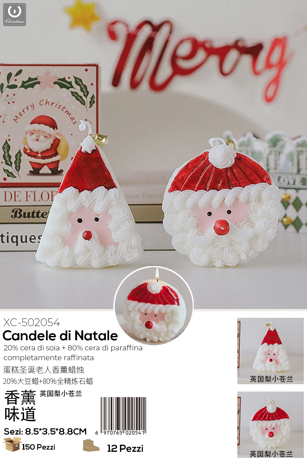 XC-502054 Candele natalizie profumate a forma di babbo natale set da 12 pezzi ideali come decorazioni Natalizie - immagine 1