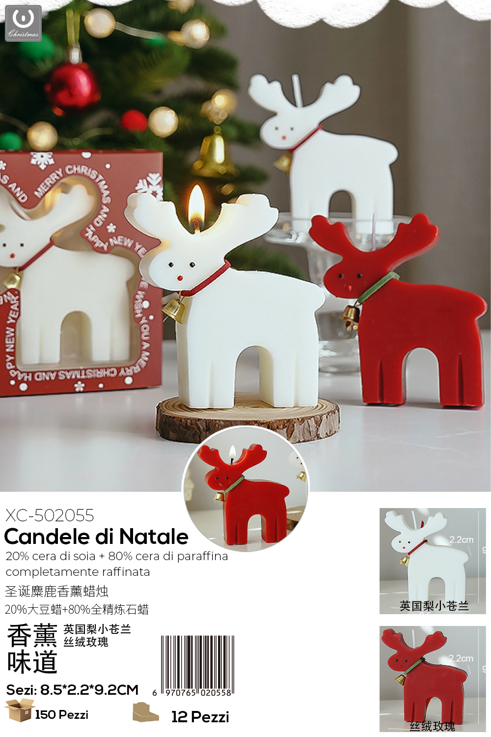 XC-502055 Candele natalizie profumate a forma di renna con colori rossa e bianca set da 12 pezzi ideali come decorazioni Natalizie - immagine 1