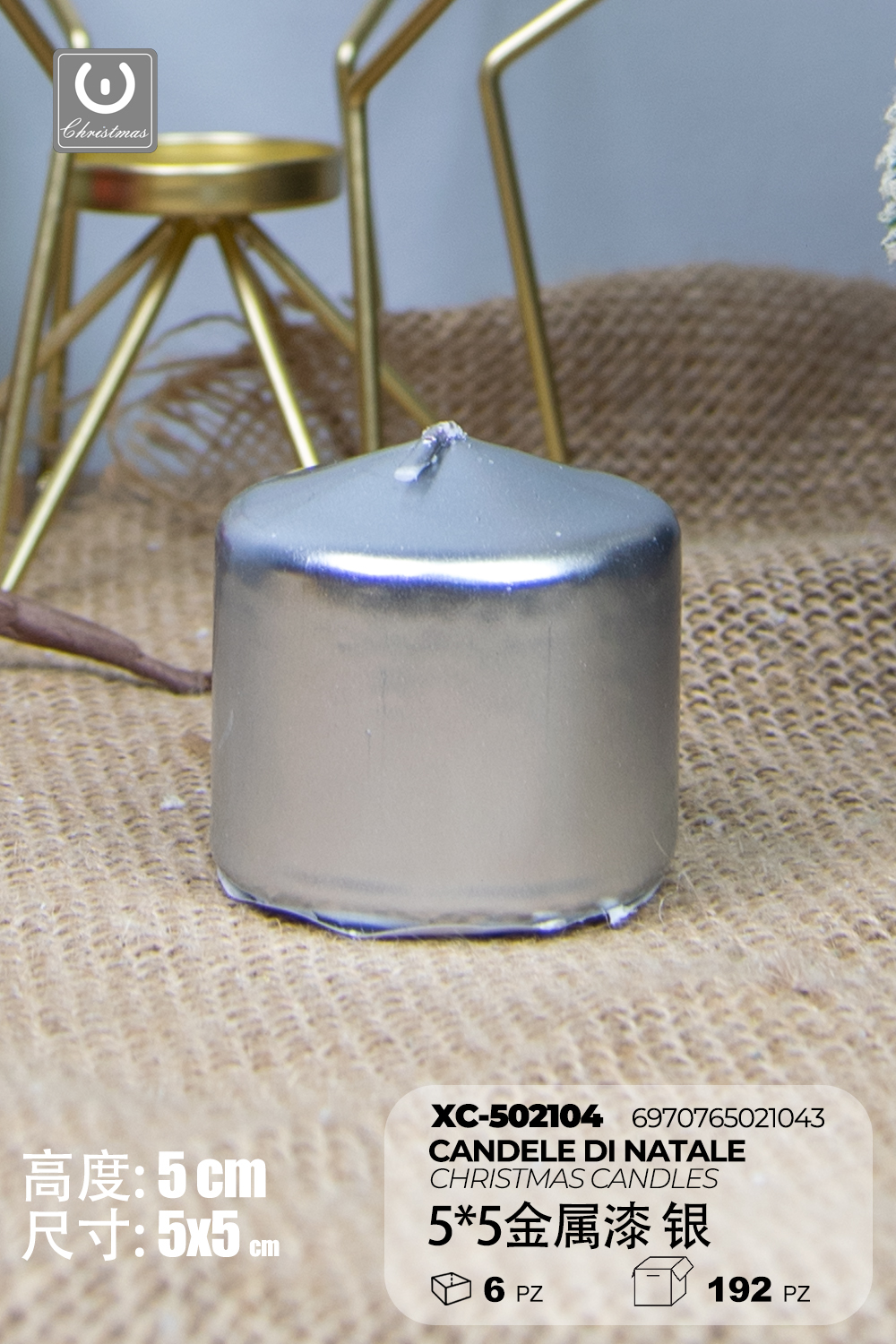 XC-502104 Candela argento cilindrica natalizia in cera dimensioni 5x5 cm - immagine 1