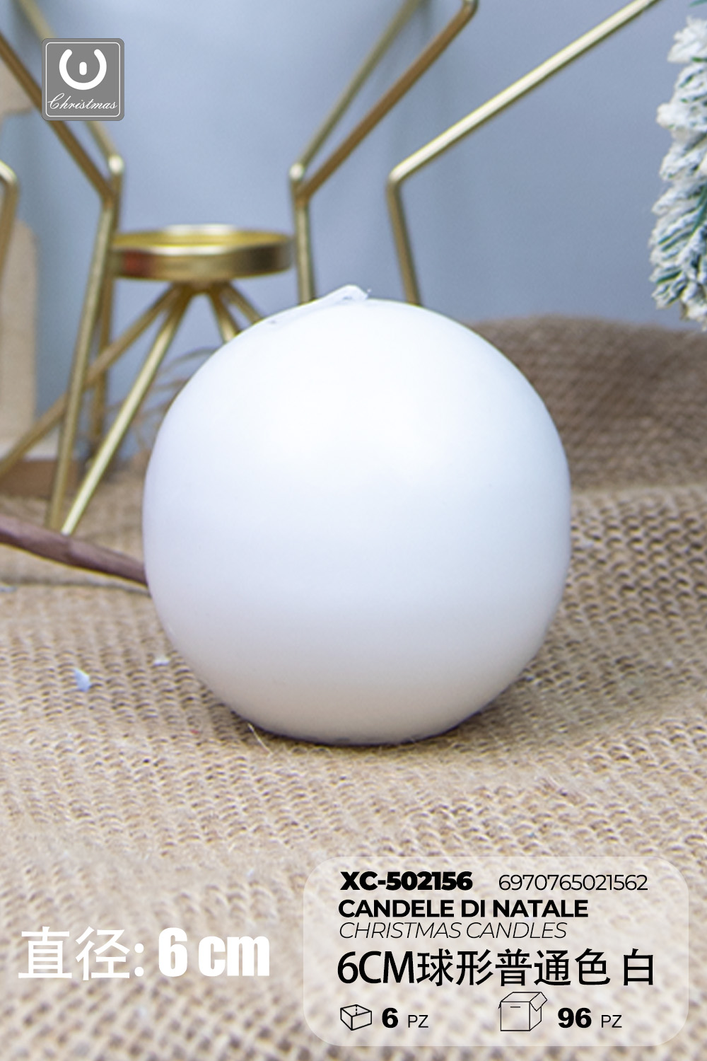 XC-502156 Candela natalizia bianca a forma di sfera in cera dimensioni 6cm - immagine 1