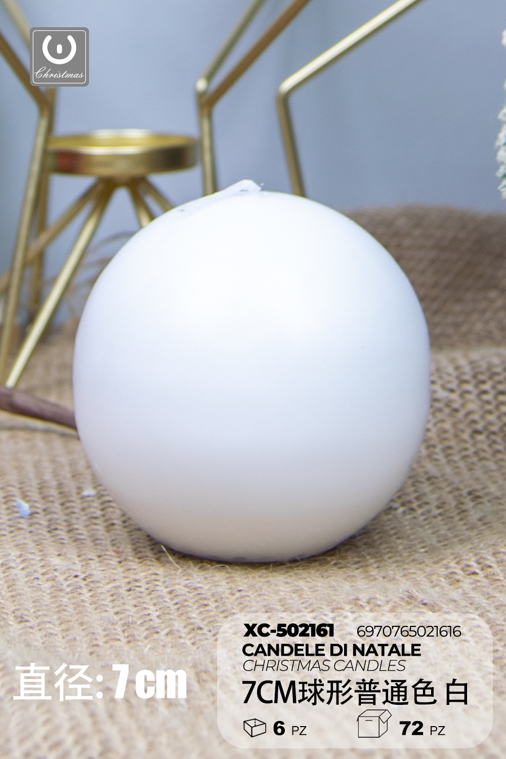 XC-502161 Candela natalizia bianca a forma di sfera in cera dimensioni 7cm - immagine 1