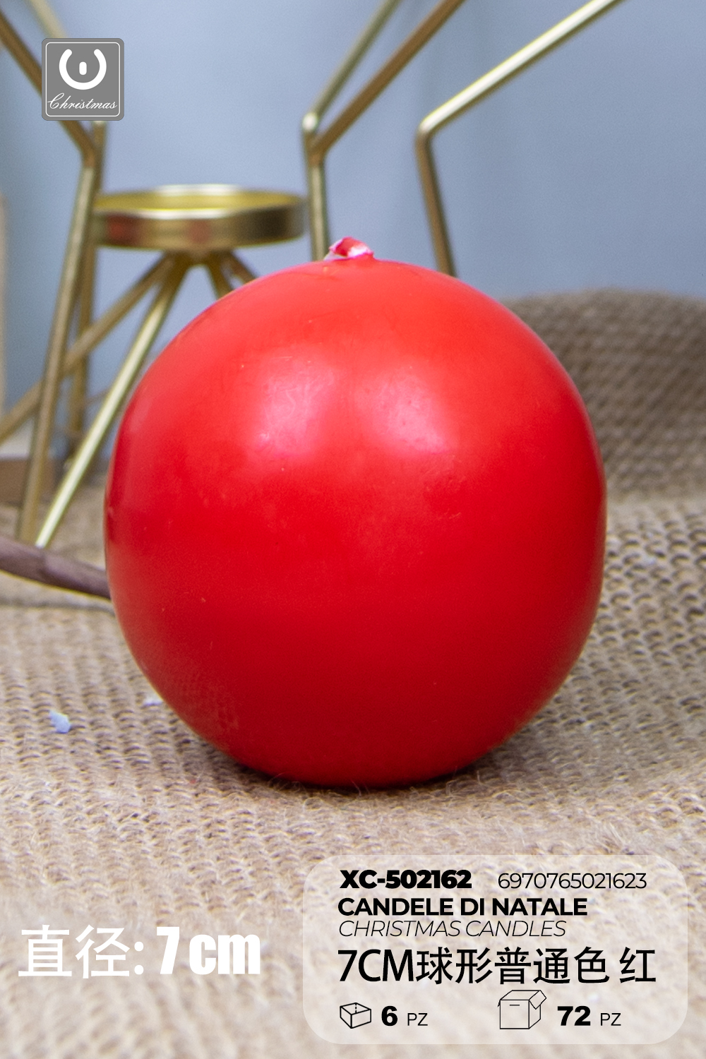 XC-502162 Candela natalizia rossa a forma di sfera in cera dimensioni 7cm - immagine 1