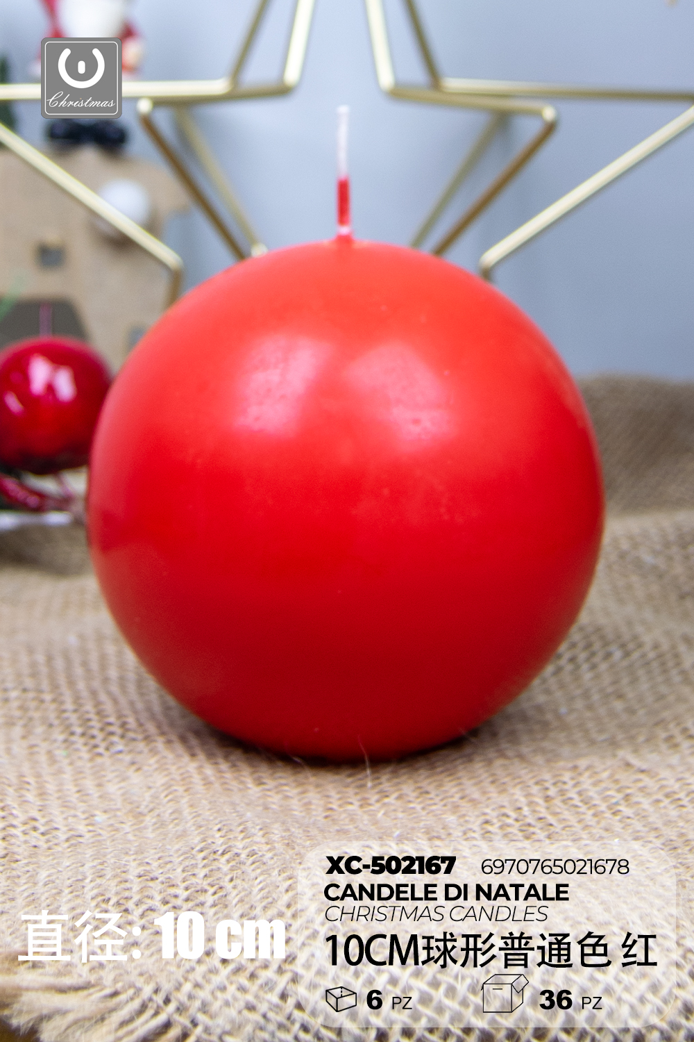XC-502167 Candela natalizia rossa a forma di sfera in cera dimensioni 10cm - immagine 1