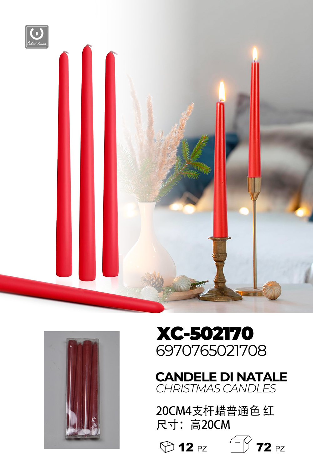 XC-502170 Candele natalizie rosse da 20 cm ideale per centrotavola o candelabri - immagine 1