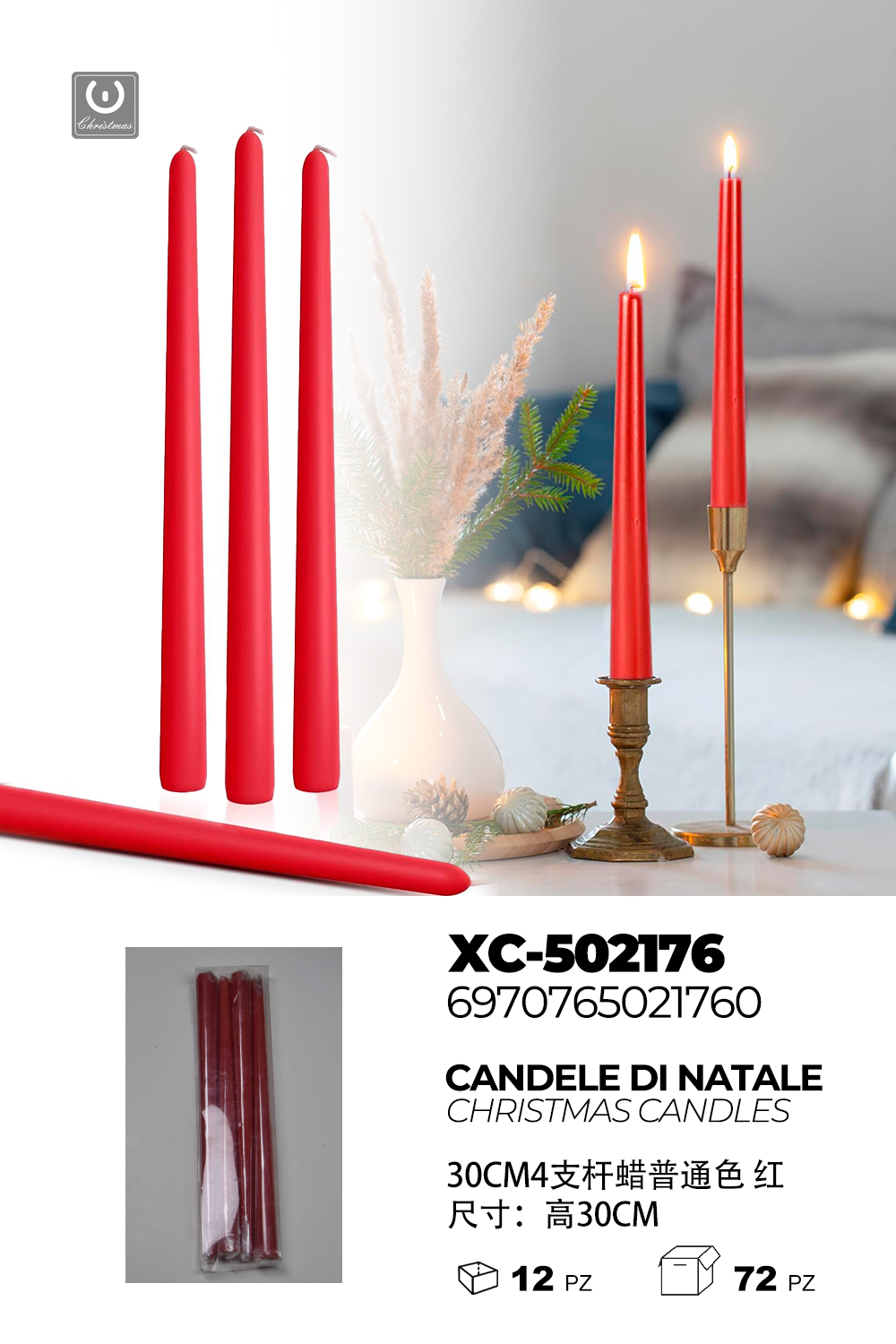 XC-502176 Candele natalizie rosse da 30 cm ideale per centrotavola o candelabri - immagine 1