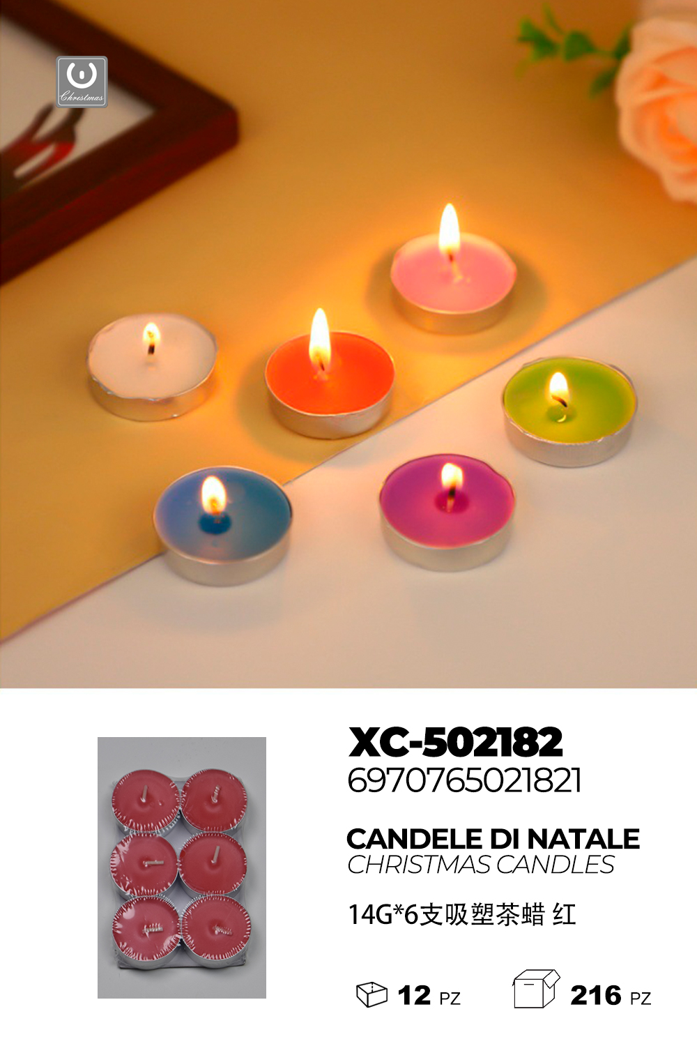 XC-502182 Set candele in cera 6 pezzi multicolore o lumini rotondi per decorazioni d'ambiente - immagine 1