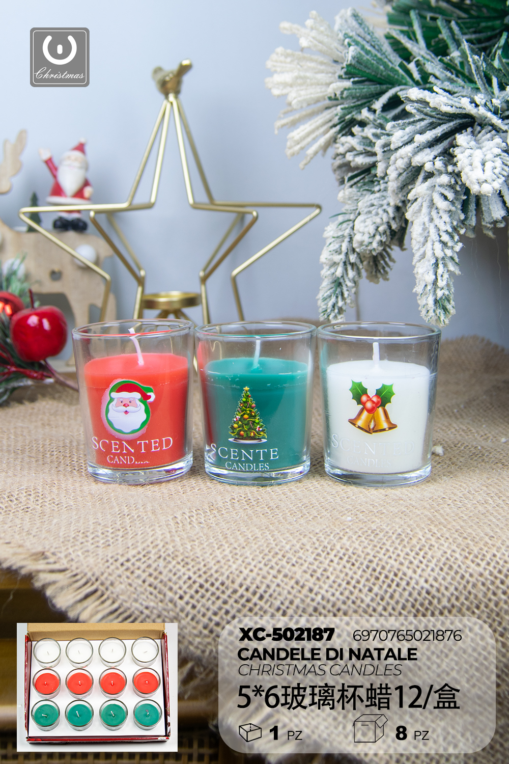 XC-502187 Set di candele con figure natalizie profumate in bicchieri di vetro ideale per decorazioni - immagine 1