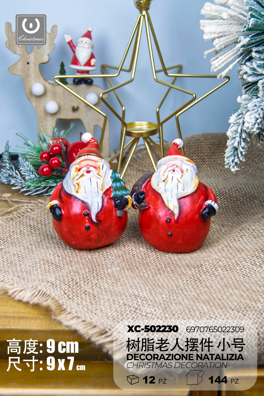 XC-502230 Coppia decorazioni Natalizie Babbo Natale in resina dipinti a mano dimensione 9x7cm - immagine 1