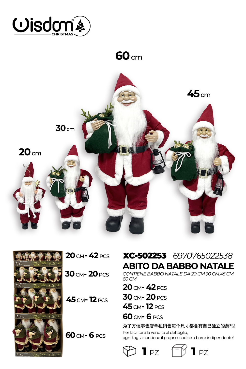 XC-502253 Set decorativi Babbo Natale in diverse dimensioni (20,30,45,60cm) totale 80 pezzi - immagine 1