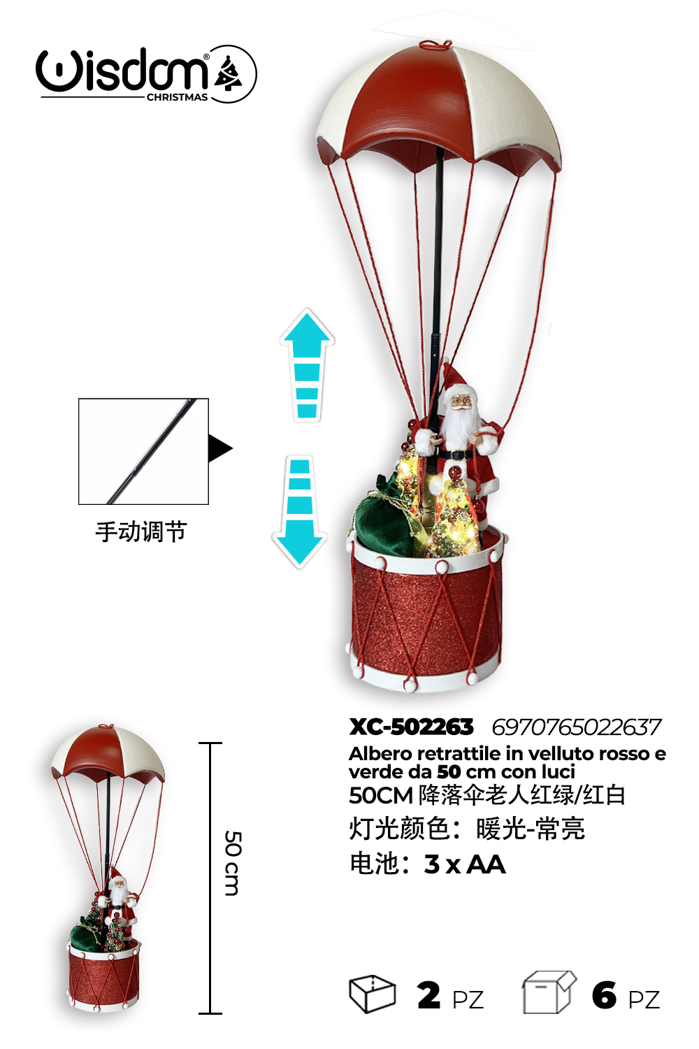 XC-502263 Babbo Natale con paracadute da appendere altezza (50cm) luce a LED calda alimentazione a batterie (3 non incluse) - immagine 1
