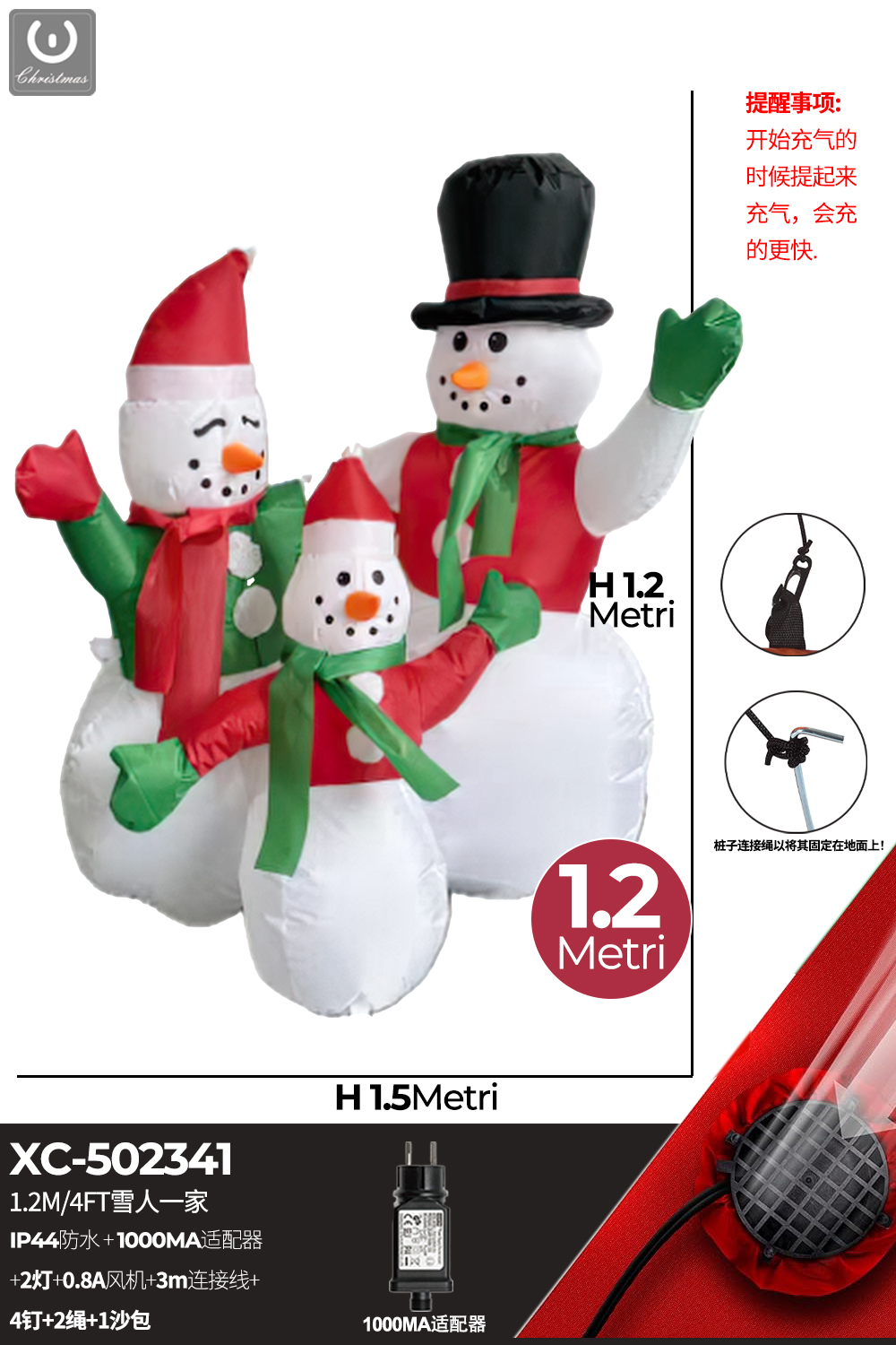 XC-502341 Set 3 Gonfiabili Natalizi a forma Pupazzi di neve con luci altezza 1,2 metri IP44 adatto per uso esterno - immagine 1