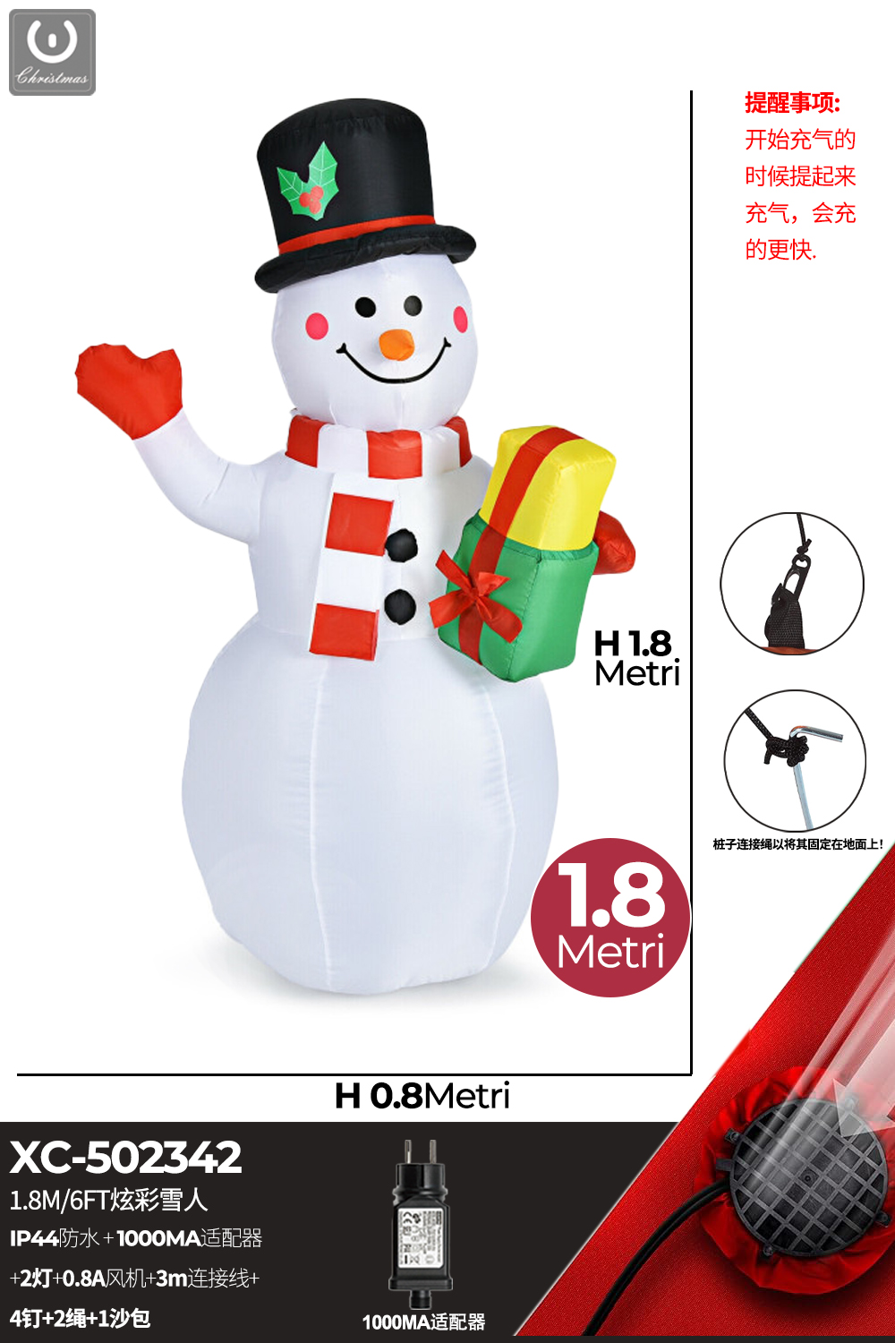 XC-502342 Gonfiabile Natalizio a forma pupazzo di neve con luci altezza 1,8 metri IP44 adatto per uso esterno - immagine 1