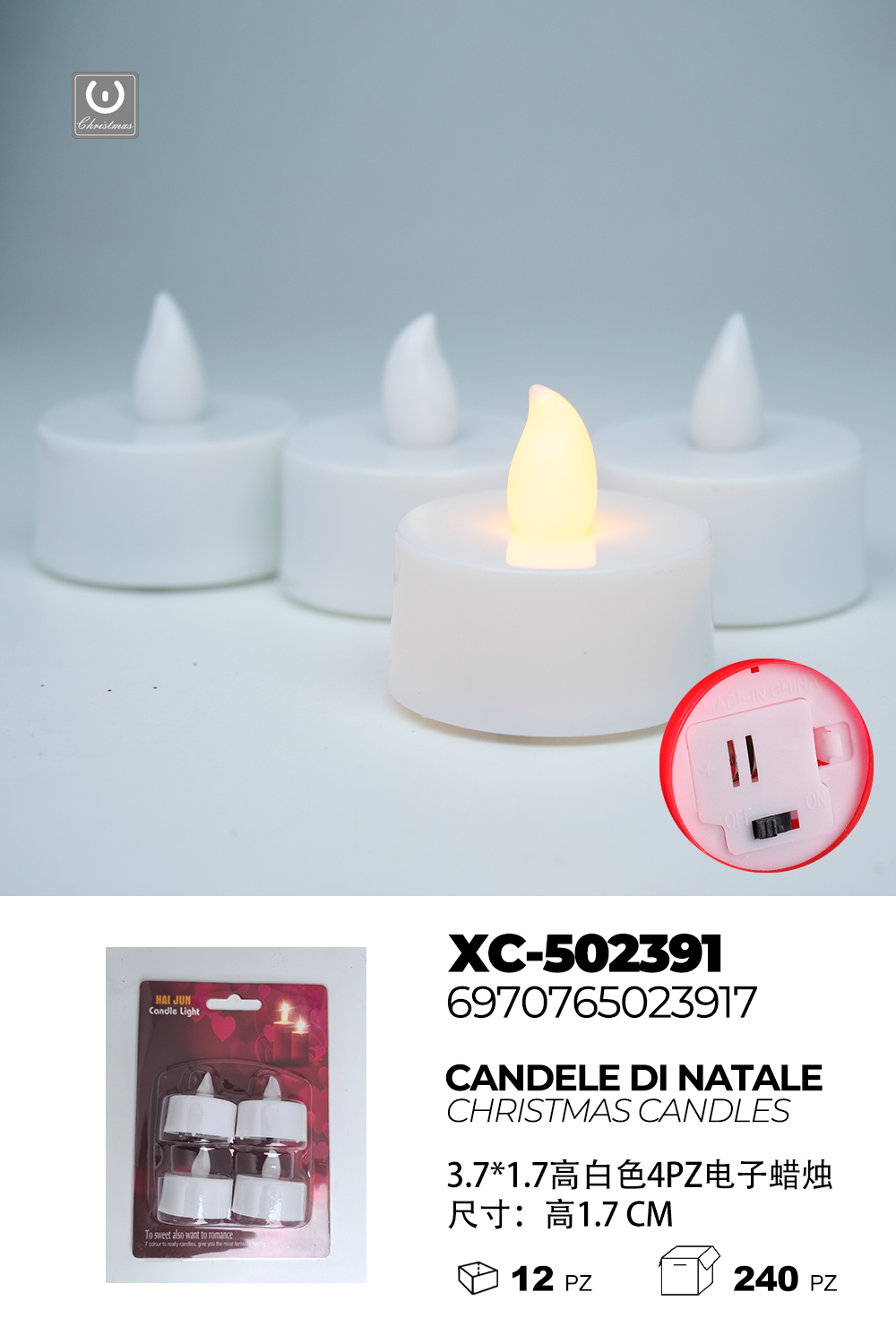 XC-502391 Set di candele Natalizie da 4 pezzi (1,7cmH) luce fredda a LED alimentazione a pile - immagine 1