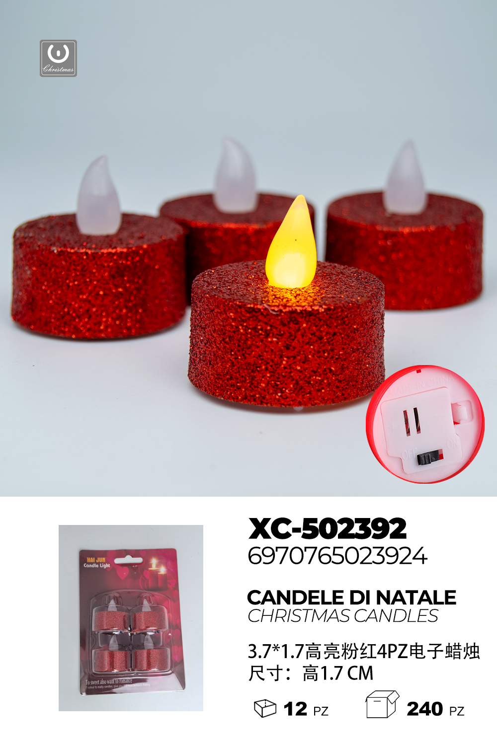 XC-502392 Set di candele glitterate rosse Natalizie da 4 pezzi (1,7cmH) luce calda a LED alimentazione a pile - immagine 1
