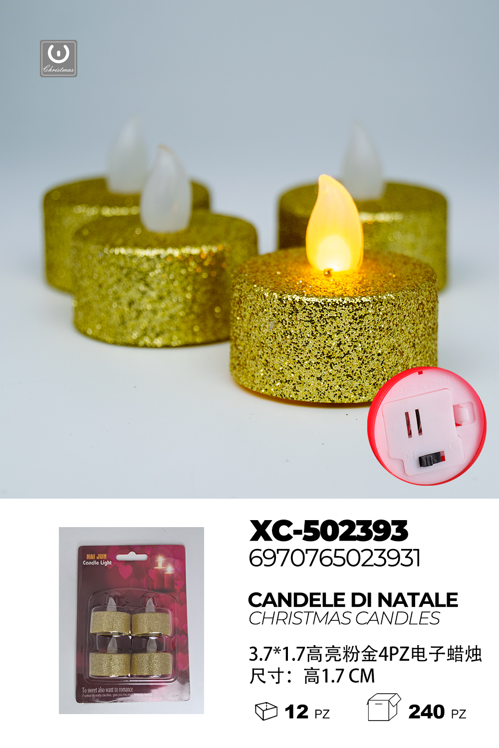 XC-502393 Set di candele glitterate oro Natalizie da 4 pezzi (1,7cmH) luce calda a LED alimentazione a pile - immagine 1