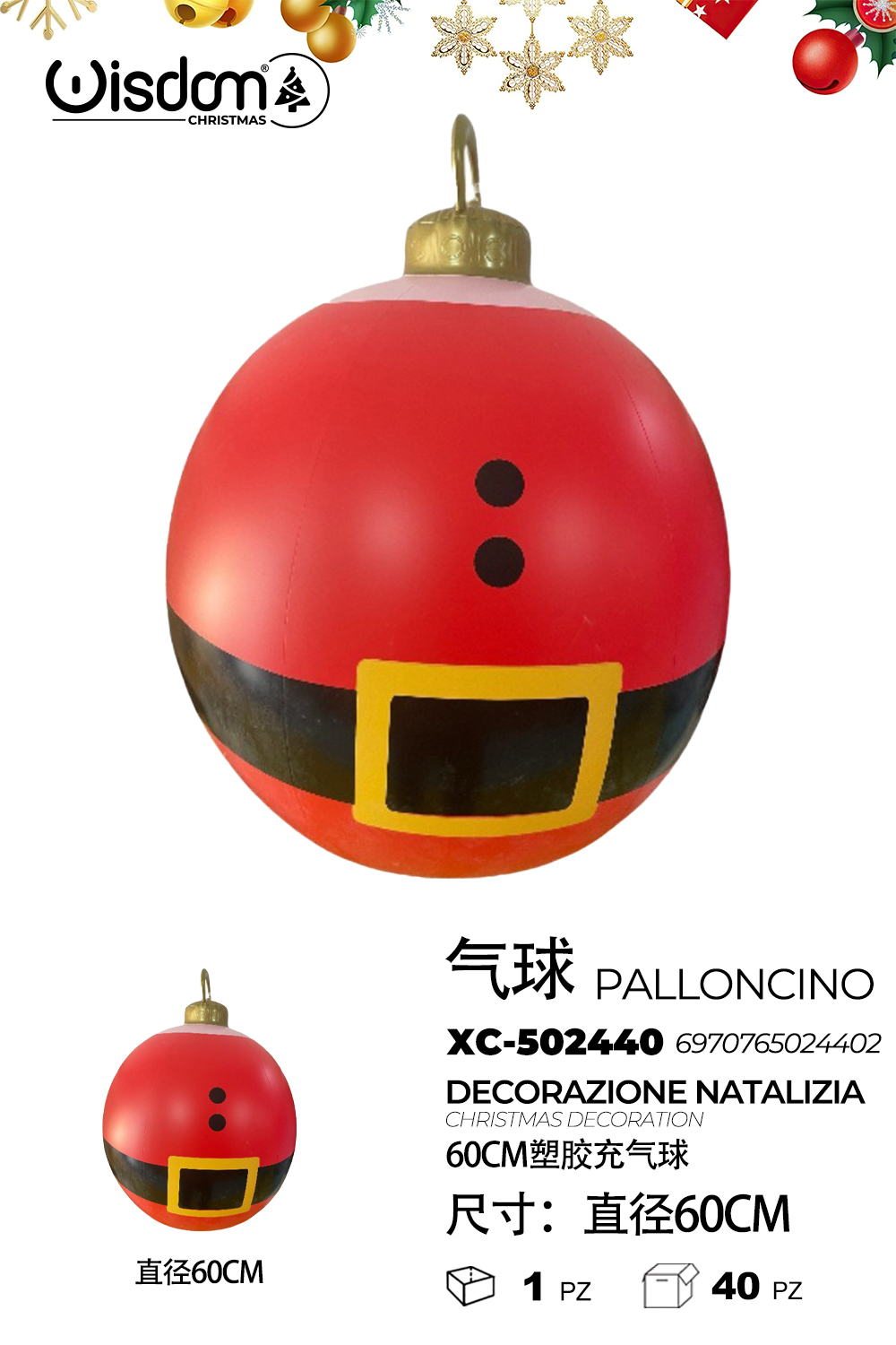 XC-502440 Palla gonfiabile Natalizia a forma vestito Babbo Natale in plastica pvc con diametro di 60cm indicato per decorazioni natalizie uso interno o esterno - immagine 1