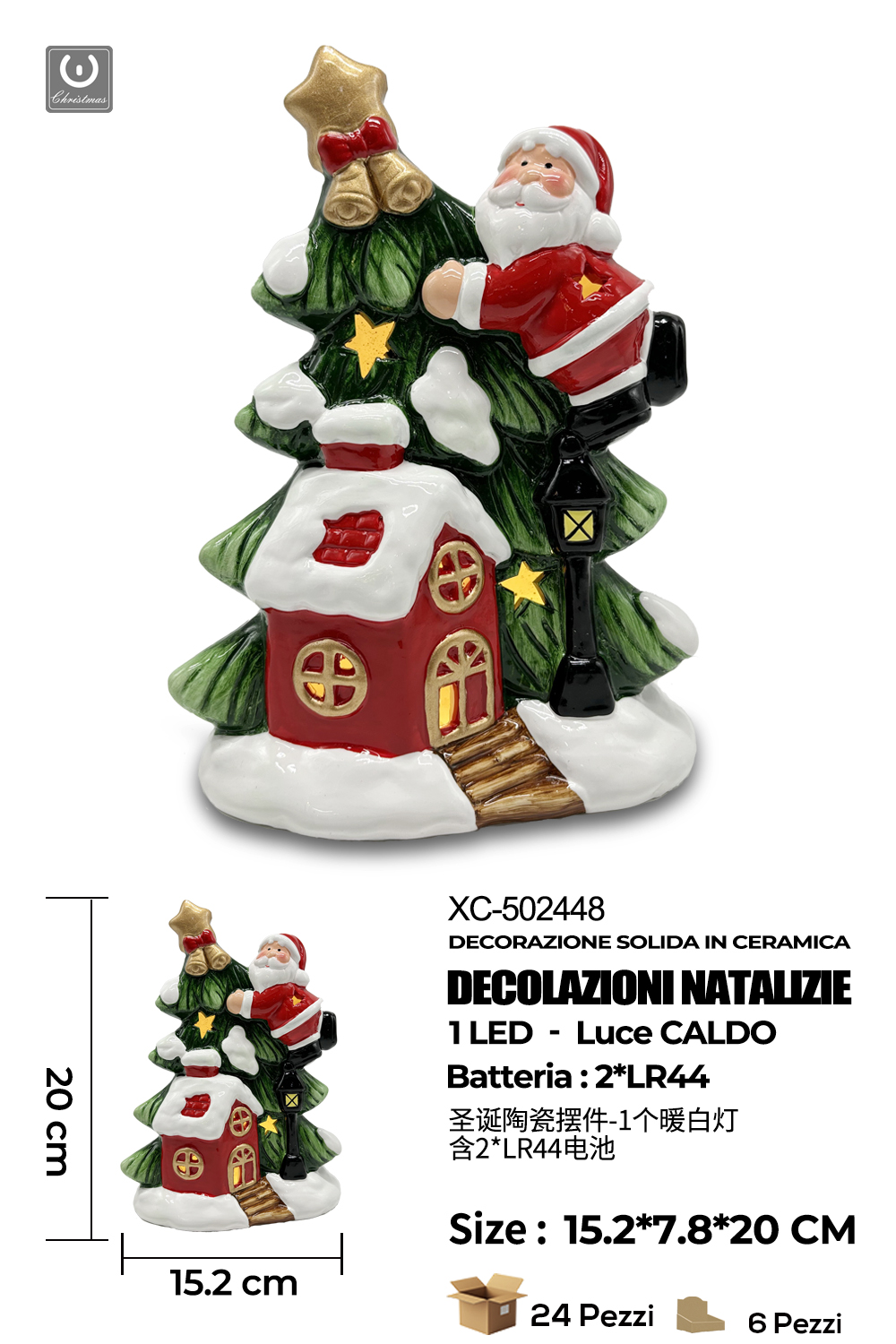 XC-502448 Decorazione Natalizia in ceramica a forma di Casetta+Albero e Babbo Natale con luce LED calda dimensioni 15,2x7,8x20cm alimentazione a batterie (2 non incluse) - immagine 1