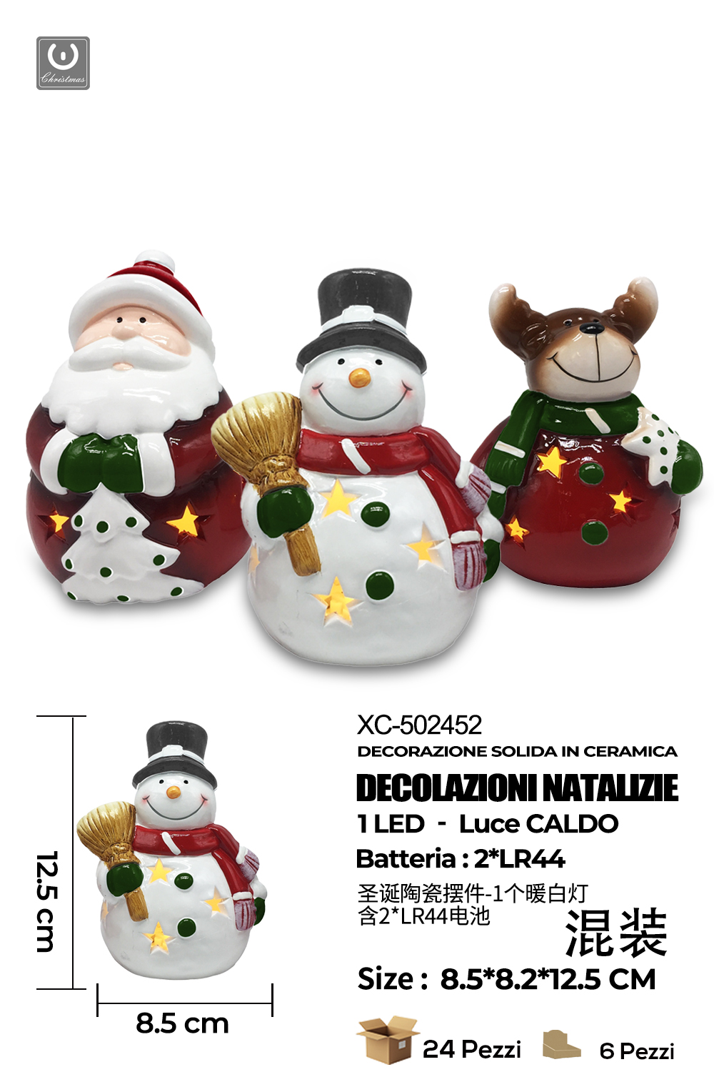 XC-502452 Set Decorazioni Natalizie in ceramica con luce LED calda dimensioni 8,5x8,2x12,5cm alimentazione a batterie (2 non incluse) - immagine 1