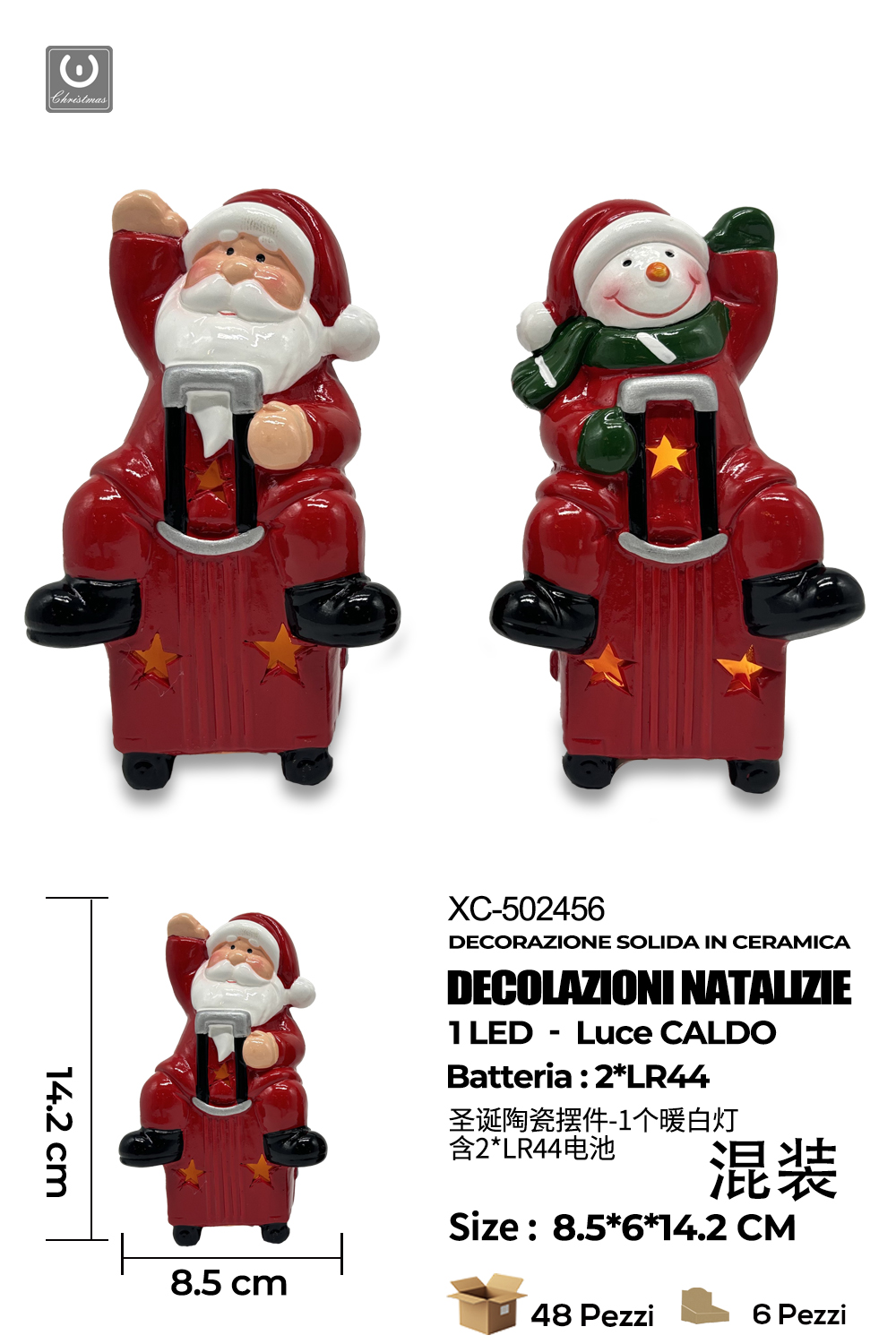 XC-502456 Set Decorazioni Natalizie in ceramica con luce LED calda dimensioni 8,5x6x14,2cm alimentazione a batterie (2 non incluse) - immagine 1