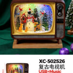Televisore retrò Natalizio + Pupazzo di neve con effetto neve che cade carillon luci 8 musiche Natalizie+Ingresso USB (17cmH) alimentazione a batterie
