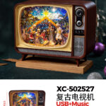 Televisore retrò Natalizio + Figure religiose con effetto neve che cade carillon luci 8 musiche Natalizie+Ingresso USB (17cmH) alimentazione a batterie